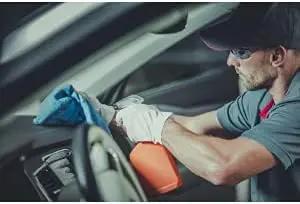 Mechanic uses Blue 12x14 Inch Shop Towels Set Of 50 Reusable 100 Percent Cotton Cleaning Cloths For Auto Shop Mechanic Garage Kitchen Industry Home Highly Absorbent Lint Free Bulk Rags on car dashboard.