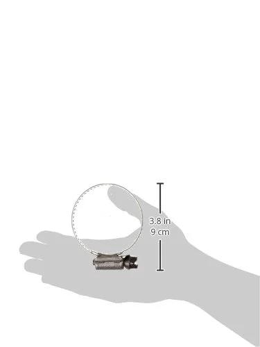 Marine stainless steel hose clamp with worm drive, 3.8-inch size, displayed on hand for scale.