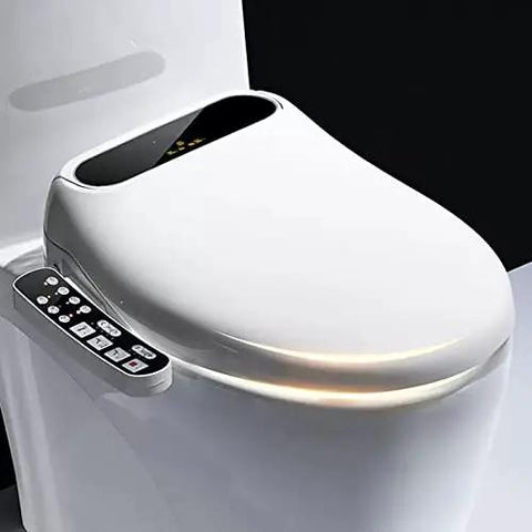 Smooth As Silk Electric Bidet Toilet Seat With Gentle Soft Close Cover and remote control buttons, compact and sleek design.