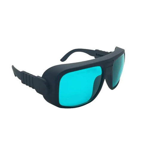 Pro Grade Laser Safety Glasses Offering Hella Secure Coverage Against Red Laser Beams Featuring Top Notch OD4 Plus Filtering And Sweet Clarity For Your Projects - black frame with tinted lenses, side view.