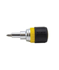 Compact Six In One Stubby Ratcheting Screwdriver With Phillips And Slotted Bits Plus One Quarter Inch And Three Sixteenth Inch Nut Drivers Cushioned Grip For Maximum Torque And Comfort Pro Grade Ideal For Tight Spots From Klein Tools side view