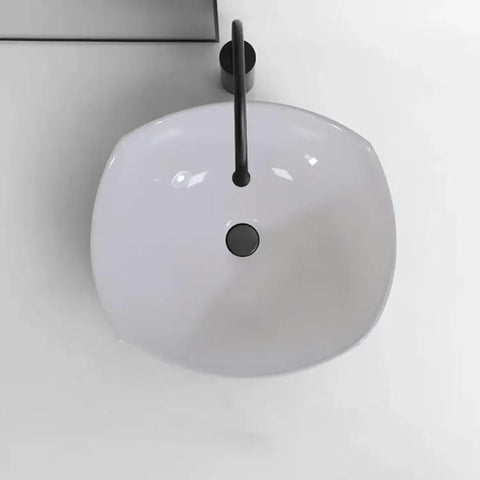 USZWBY Vessel Sinks Bathroom Vessel Sink Modern Simple Creative White Art Counter Basin Hotel Apartment Ceramic Wash Bathroom Bowl Sink top view with modern black faucet