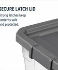 Tackle The Mess Fast With This Beast Mode 108 Quart Stackable Storage Bin Packing Dang Solid Snap Latches And Crisp Clear Plastic For Foolproof Closets And Garage Decluttering showing secure latch lid detail.