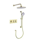 Top Tier Wall Mounted Shower Kit With Rain And Handheld Heads Zero Drip Valve Super Flexible Five Meter Hose No Sweat Installation Durable Chrome Finish Total Bathroom Upgrade For Everyday Ease. Gold finish with overhead rain shower and handheld head.