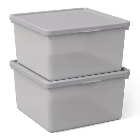 Straight Up Essential Stackable Medium Storage Bins With Secure Lids Hella Neat Gray Plastic Organizer Box For Clothes And Toys stacked.