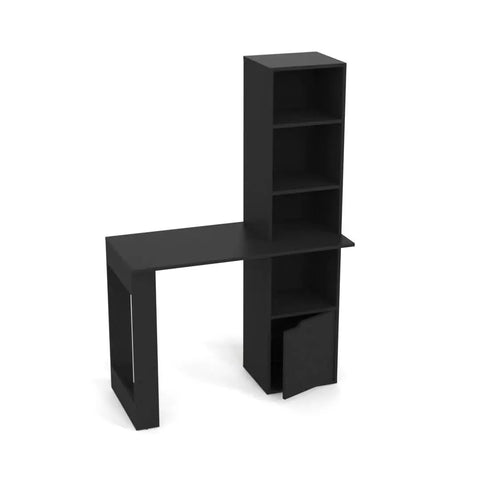 Adjustable Gaming Standing Computer Desk With Toolless Interlocking Setup Sturdy Small Home Office Table in black with shelving.