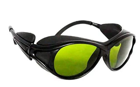 Top Shelf Heavy Duty Laser Safety Glasses With Wide Spectrum Filtering For UV And Infrared Light with green lenses and wraparound design.
