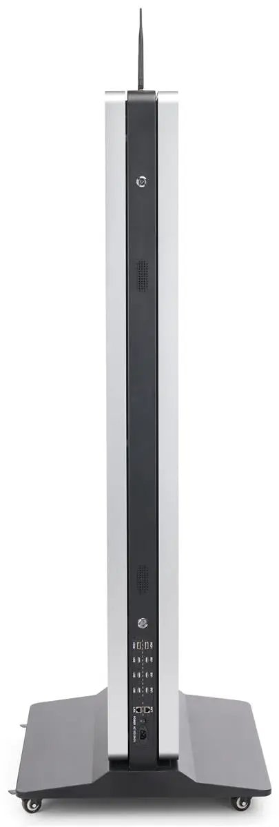 Side view of Heavy Duty 43 Inch Dual Sided Touchscreen Kiosk with antennas and connection ports for retail environments.