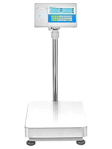 Front view of advanced label printing bench scale for inventory shipping and receiving 165 lb capacity with backlit LCD display.