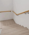 Rock Solid Oak Wall Mount Handrail Built On Heavy Duty Steel Brackets Adjustable Staircase Banister With Natural Wood Safety Grip Indoor Porch Or Basement Steps No Sweat Setup, installed on a staircase.