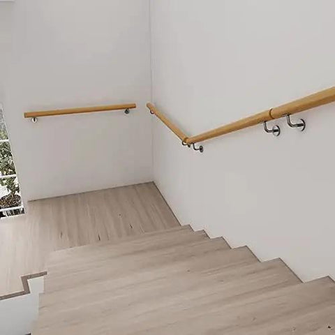 Heavy Duty Solid Oak Handrail Wall Mount on staircase, smooth wooden banister with rustproof steel brackets, ideal for grip.
