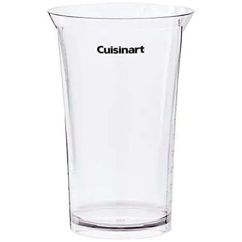 Clear plastic measuring cup with Cuisinart logo for heavy duty corded stick blender, ideal for measuring ingredients.