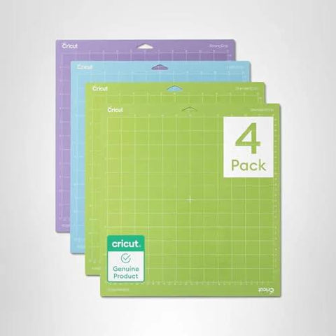 Cricut cutting mats 4-pack front view, 12x12 in, multi-color set with StandardGrip x2, LightGrip, StrongGrip