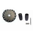 Front view of 6in/152mm Mecanum wheel with ball bearings; includes two spacers and an axle pin.