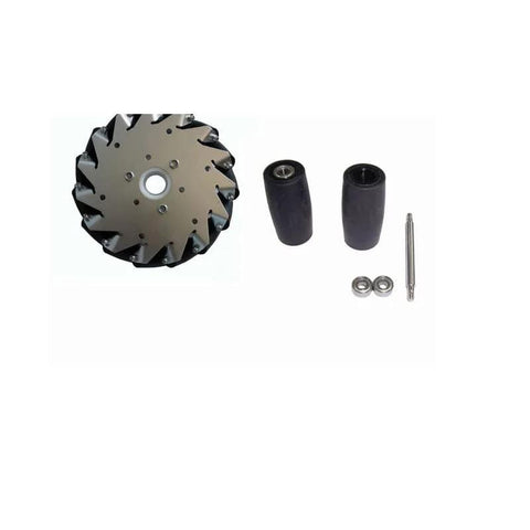 Front view of 6in/152mm Mecanum wheel with ball bearings; includes two spacers and an axle pin.