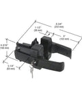 Tough As Nails Magnetic Gate Lock Featuring Dual Six Pin Rekeyable Lock and Super Smooth Push Pull Action for Square Fences, dimensions shown.