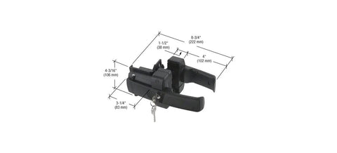 Tough As Nails Magnetic Gate Lock Featuring Dual Six Pin Rekeyable Lock and Super Smooth Push Pull Action for Square Fences, dimensions shown.
