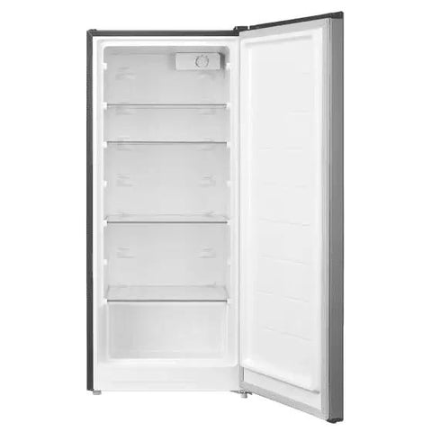 Sleek Upright Freezer With Convertible Refrigerator Setup Seven Point One Cubic Foot Stainless Steel Build open door showcasing removable glass shelves