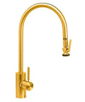 Snag Free Pull Down Kitchen Faucet With Tension Free Hose And Positive Lock Lever Sprayer In Classic Satin Gold Finish for easy rinsing.