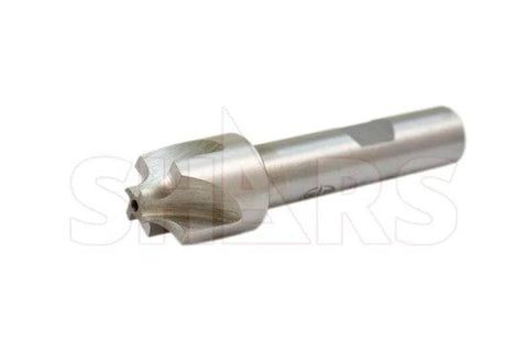 HSS corner-rounding end mill with cylindrical silver shank, side view
