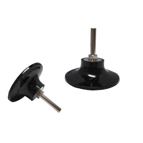 Front and side views of Benchmark Abrasives 3-inch sanding disc pad holder mandrel with 1/4-inch shank, black