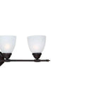 Four Light Bathroom Vanity Fixture In Oil Rubbed Bronze With White Alabaster Glass showing two glass shades