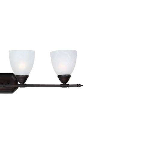 Four Light Bathroom Vanity Fixture In Oil Rubbed Bronze With White Alabaster Glass showing two glass shades