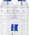 Front view of ZEISS Lens Care Pack: two 8oz spray bottles with blue caps and microfiber cloth