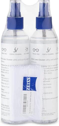 Front view of ZEISS Lens Care Pack: two 8oz spray bottles with blue caps and microfiber cloth