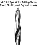 Brad point drill bit, 12-inch long, titanium-coated high-speed steel for woodworking, close-up view.