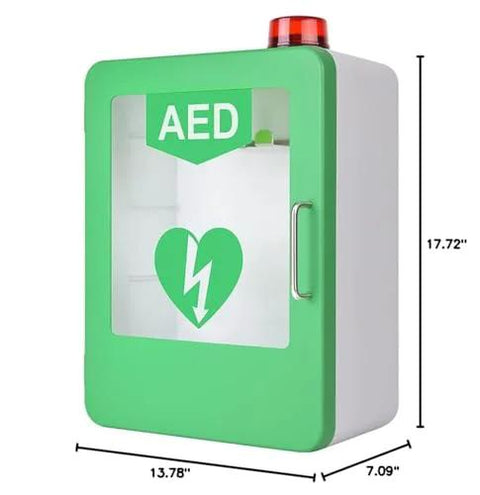 AED defibrillator storage cabinet, front view, green wall-mounted with clear window and red alarm beacon.
