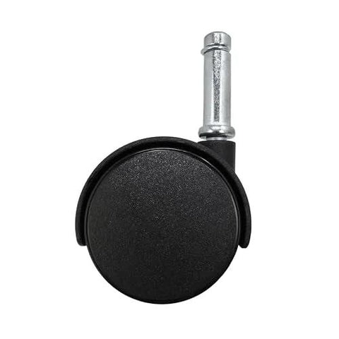 Front view of black 2-inch twin-wheel office chair caster with silver 7/16-inch stem