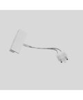 White electronic connector with short cables attached on a gray background.