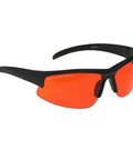 Heavy Duty Laser Pointer Safety Glasses For Green And Blue Light Featuring OD Six Plus Filter And Ansi Certification shown at angle with black frame and orange lenses.