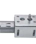 Side view worm gear motor mounting bracket with attached small silver motor and shaft