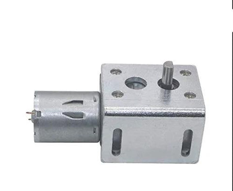 Side view worm gear motor mounting bracket with attached small silver motor and shaft