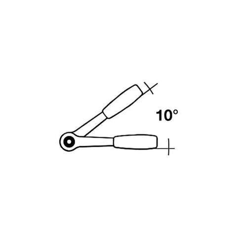 Diagram of one half inch square drive long reversible ratchet with 36 teeth, chrome alloy steel, 10-degree angle shown.