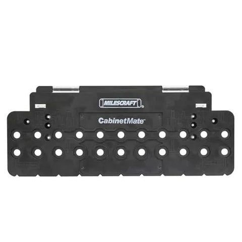 Milescraft CabinetMate shelf pin drilling jig, black plastic with rows of holes for cabinet shelving