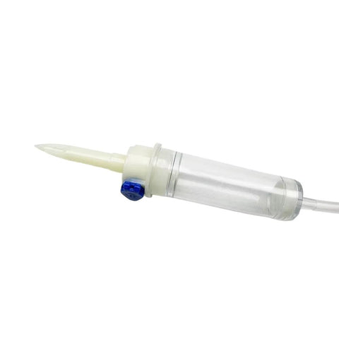 IV extension set with sterile tubing and translucent plastic connector, blue valve, veterinary use