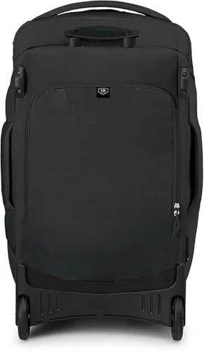 Osprey Sojourn Shuttle wheeled duffel bag, black, 30in/100L, front view with large wheels.