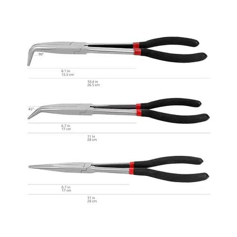 Extra Long Reach Needle Nose Pliers Set For Tight Spaces Three Piece Versatile Workhorse Tool Kit With 90 Degree 45 Degree And Straight Tips For Precision Gripping Of Small Parts In Narrow Openings Black Finish