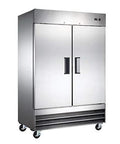 Heavy Duty Commercial Reach In Freezer With Double Solid Doors And 47 Cubic Feet Capacity For Kitchen Workhorse 110 Volt Self Contained Cold Storage Beast with stainless steel exterior.