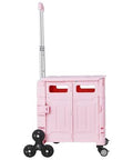 Side view of Foldable Utility Cart 65L Portable Crate Rolling Cart With Stair Climbing Wheels And 360 Degree Swivel Wheels, pink color.