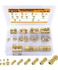 Brass compression tube fittings set, 46 pcs, assorted 1/8–1/2 in sizes, with sleeves and ferrules in plastic case.