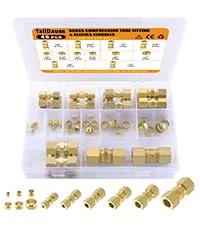Brass compression tube fittings set, 46 pcs, assorted 1/8–1/2 in sizes, with sleeves and ferrules in plastic case.