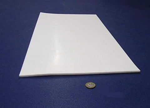Sheet Three Sixteenth Inch Thick By Twelve By Twenty Four Inches Of PTFE for nonstick surfaces displayed on blue background.
