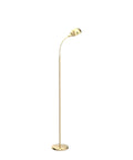 Slim LED Floor Lamp With Adjustable Gooseneck Free Standing Corner Pole Light For Office Desk And Living Room Tall Skinny Lamp In Brass Gold Finish For Reading And Chill By Sofa Or Chair, shown at full height with brass finish.