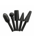 5-piece black rotary burr set with ball, rounded, cylindrical, and conical burrs for carving and grinding