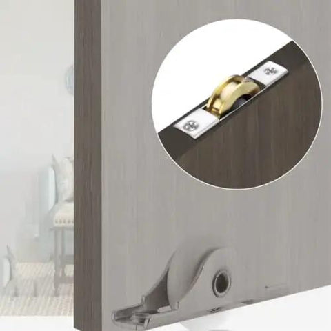 Heavy Duty Sliding Door And Window Pulley Wheels With Beefy Stainless Steel Shell And Smooth Sail Nylon Rollers For Hassle Free Cabinet Track Refreshes 33 Millimeter Diameter Silver White Two Pack Of Rolling Replacement Gear close-up of pulley wheel installed in cabinet.