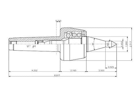 Technical drawing of MT4 CNC High Speed Live Center Extended A Type Point With Heat Treated Shaft HRc 60±2, showing dimensions and bearings.